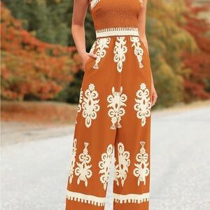 Strapless Chic Bohemian Orange and Cream Jumpsuit with Ornate Patterns Large